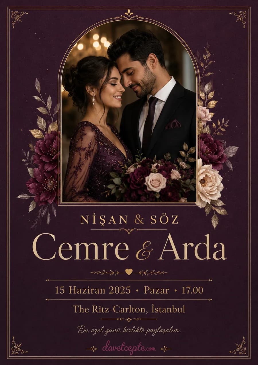 Cemre & Arda — Bordo & Romantik stilinde hazırlanmış dijital davetiye tasarımı